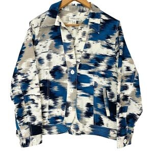Coldwater Creek Linen Blend Jacket Abstract Print Blue Gray White Pockets PL